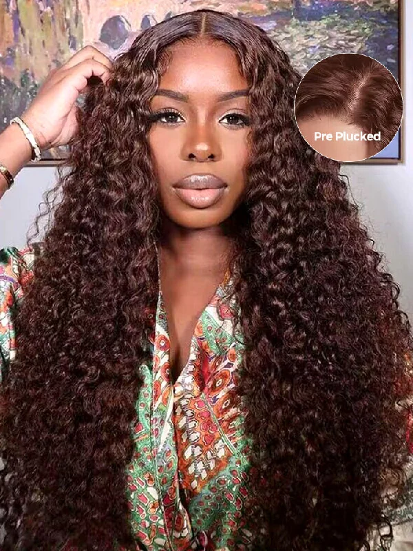 Colored wig with a wispy fringe for a soft and feminine lookCurlyMe #4 Chocolate Brown Pre Cut Glueless Lace Water Wave Wear Go Wig