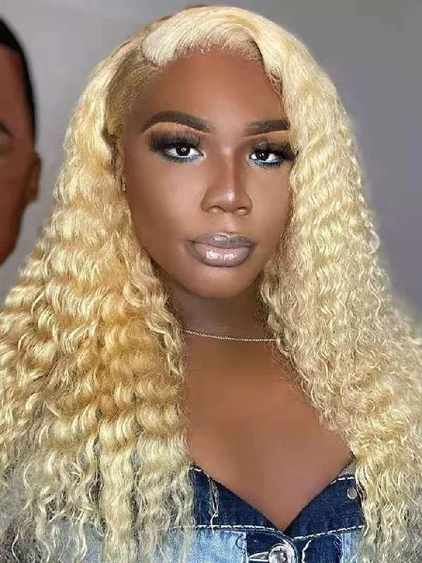 Synthetic colored wig with a heat - resistant formula for easy stylingCurlyMe 613 Blonde Kinky Curly Human Hair Wigs 13x4 Lace Front Wigs