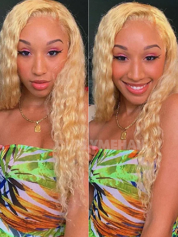 Colored wig with a silk - base cap for a comfortable and smooth feelCurlyMe 613 Blonde Water Wave Hair 13x4 Lace Front Wigs Natural Hairline Honey Blonde Hair