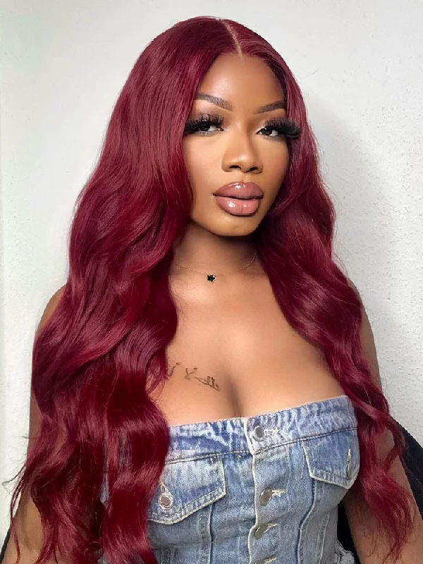 Colored wig with a pre - bleached knot for a natural - looking scalpCurlyMe Pre-Plucked Wear Go Glueless 99J Burgundy Body Wave Hair Pre-cut Lace