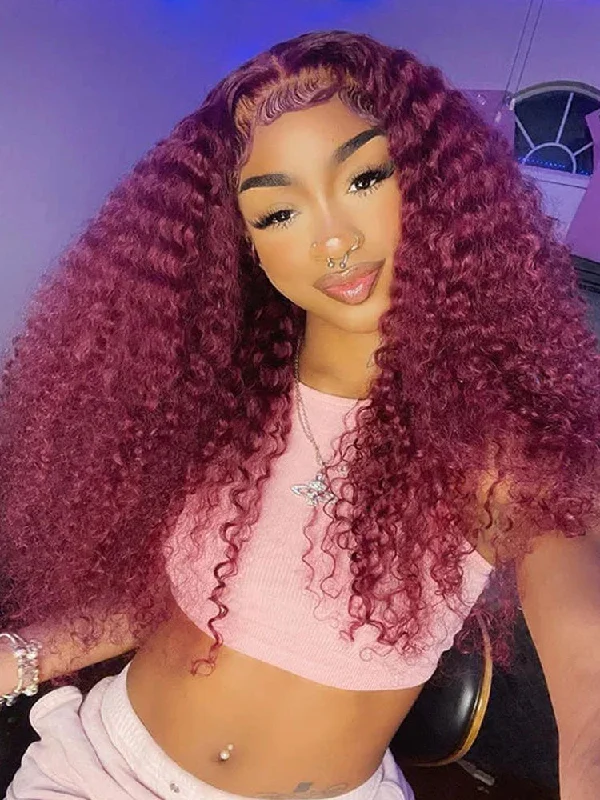 Colored wig with a wispy fringe for a soft and feminine lookCurlyMe Pre-Plucked Wear Go Glueless 99J Burgundy Kinky Curly Hair Pre-cut Lace