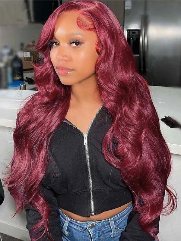 Colored wig with a pre - plucked hairline for a more natural lookCurlyMe 99J Burgundy Color Body Wave Hair 13x4 Lace Front Wigs Pre Plucked Hairline