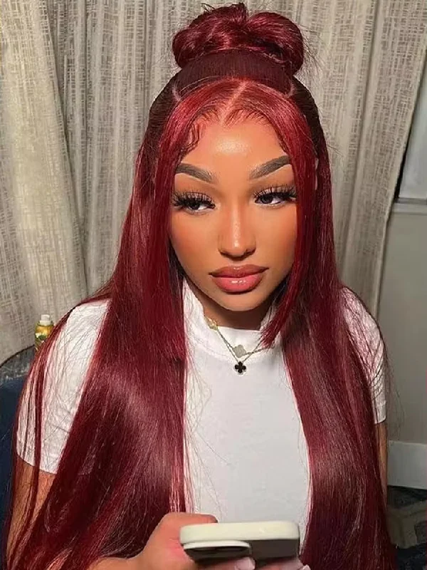 Colored wig with a red - orange hue for a warm and energetic lookCurlyMe 99J Burgundy Color Straight Hair 13x4 Lace Front Wigs Easy Bleached Lace Wigs