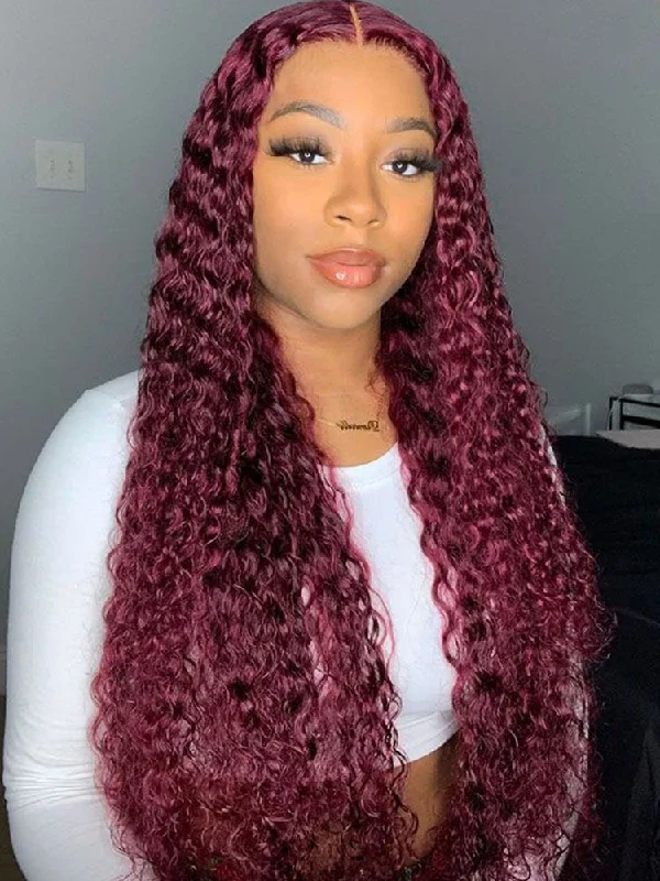 Colored wig with a curly texture for a bold and stylish choiceCurlyMe Pre-Plucked Wear Go Glueless 99J Burgundy Water Wave Hair Pre-cut Lace