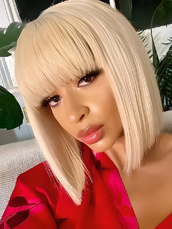 Colored wig with a pre - plucked hairline for a more natural lookCurlyMe 613 Blonde Bob Wig With Bangs Straight No Lace Human Hair Wigs