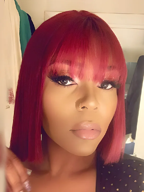 Colored wig with a pre - bleached knot for a natural - looking scalpCurlyMe Straight Hair Bob Wigs With Bangs 99J Burgundy Color Wigs With Bangs No Lace No Glue