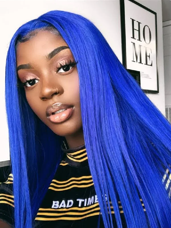 Colored wig with a straight texture for a sleek and minimalist lookCurlyMe Gemstone Blue Colour Hair Lace Front Wigs Pre Plucked Straight Human Hair