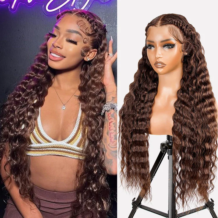 Colored wig with a wavy texture for a beachy and fun lookBrown 4# Color Pre-Braided Deep Stylist Wig Pre-Knots 13x4 Super Invisible Lace Front Wig 180% Density