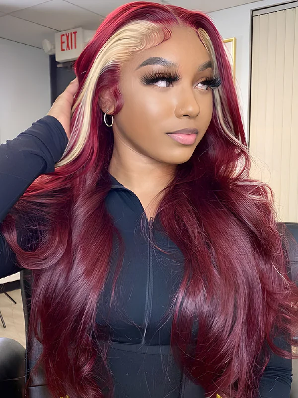 Colored wig with a red - orange hue for a warm and energetic lookCurlyMe Burgundy Color Straight Hair With Blonde Skunk Stripe 13x4 Lace Front Wig Highlights Ombre Hair