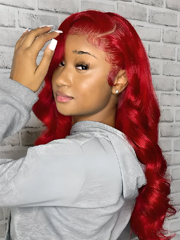 Human - hair colored wig for a natural and luxurious feelCurlyMe Red Colored Body Wave Hair Lace Front Wigs Pre Plucked Hairline