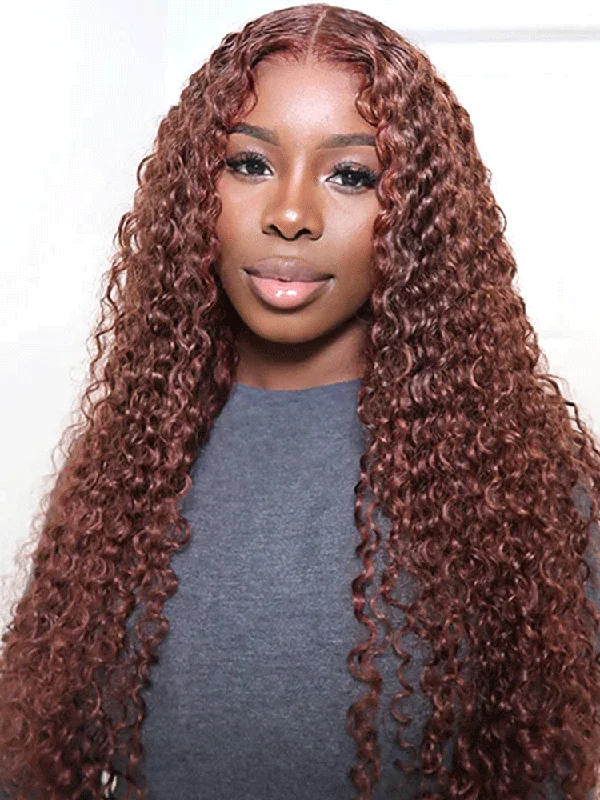 Colored wig in a vibrant pink color for a bold and eye - catching lookCurlyMe Reddish Brown Color Hair Deep Wave Lace Front Wigs Pre Plucked