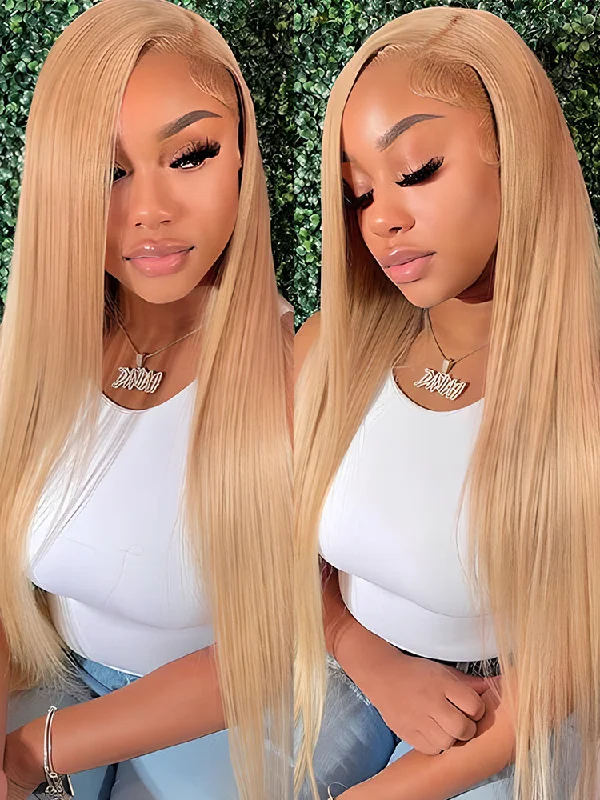 Colored wig with a natural - looking root for a more realistic lookCurlyMe #27 Pre Plucked 13x4 Lace Front Wigs Silky Straight Virgin Hair Honey Blonde Color