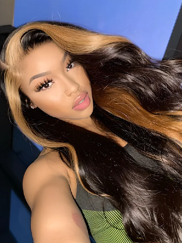 Colored wig with a natural - looking root for a more realistic lookCurlyMe Skunk Stripe Hair Straight Honey Blonde Highlights 13x4 Lace Front Wigs Human Hair