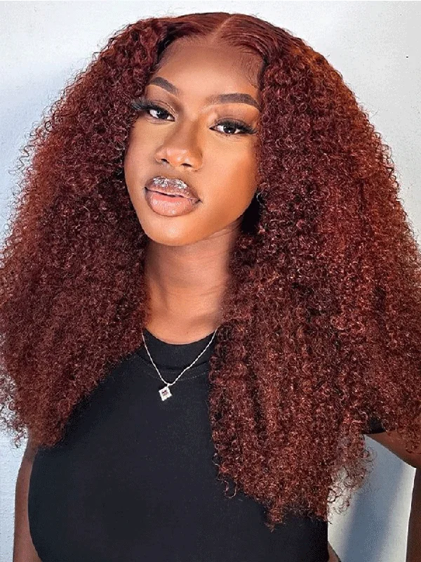 Colored wig with a middle - part for a classic and elegant styleCurlyMe Reddish Brown Color Kinky Curly Lace Front Wigs Human Hair Pre Plucked