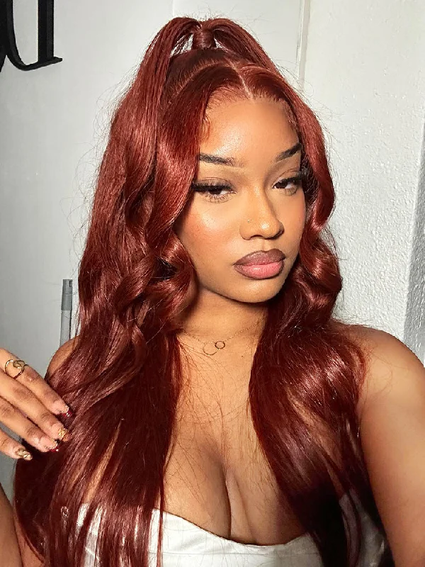 Human - hair colored wig for a natural and luxurious feelCurlyMe Reddish Brown Color Straight Hair 13x4 Lace Front Wigs Pre Plucked