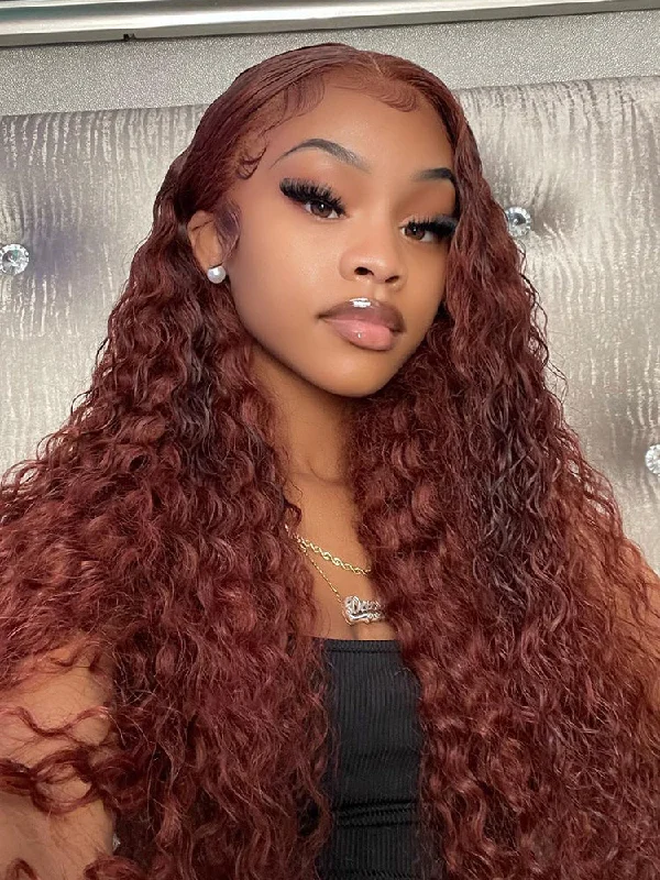 Colored wig with a red - orange hue for a warm and energetic lookCurlyMe Reddish Brown Color Water Wave Auburn Hair 13x4 Lace Front Wigs Pre Plucked