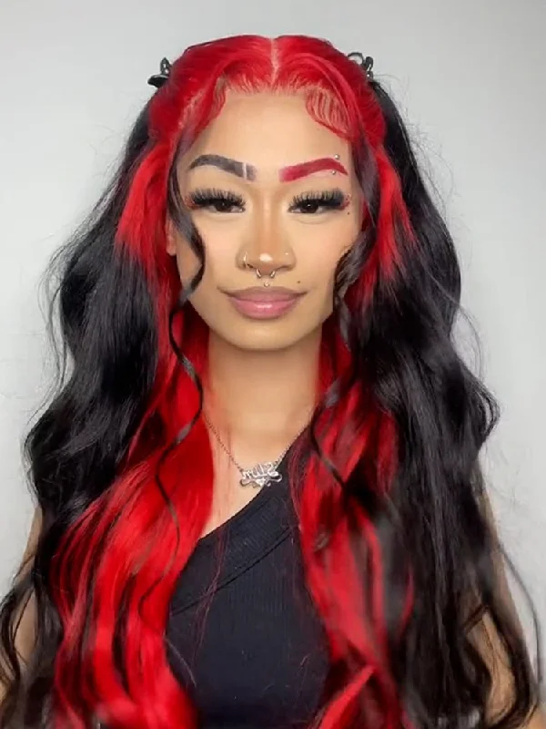 Colored wig with a silver - grey color for a trendy and cool - toned lookCurlyMe Natural Black Hair With Demon Red Top Lace Front Wigs Straight Human Hair