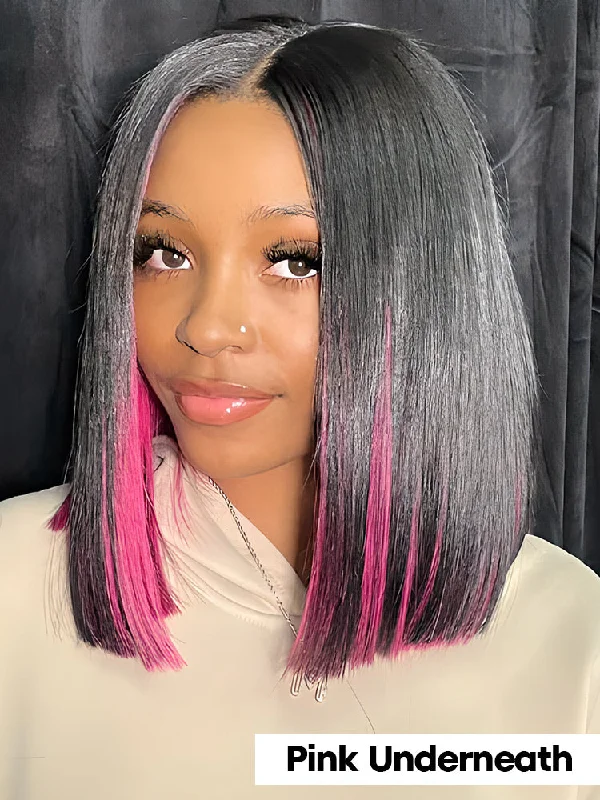 Colored wig with a wavy texture for a beachy and fun lookCurlyMe Underneath Colored Hair Natural Black Straight 13x4 Lace Front Thick Wigs