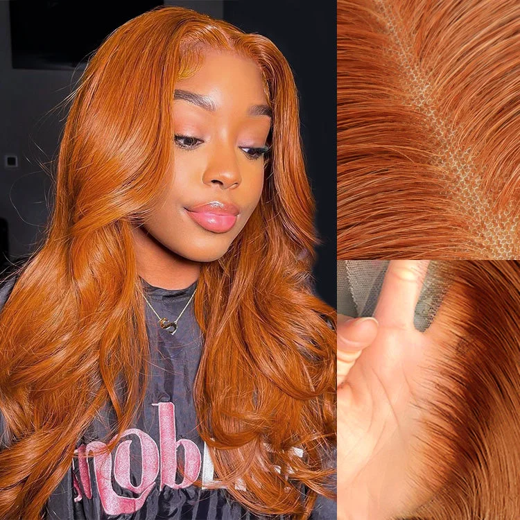 Colored wig with a pre - plucked hairline for a more natural lookGinger Copper Color 350# Color Wig Body Wave Pre-cut 5x5 13x4 Lace Wear & Go Wig High Density