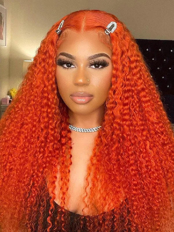 Colored wig with a middle - part for a classic and elegant styleCurlyMe Bright Orange Kinky Curly Hair 13x4 Lace Front Wigs For Women