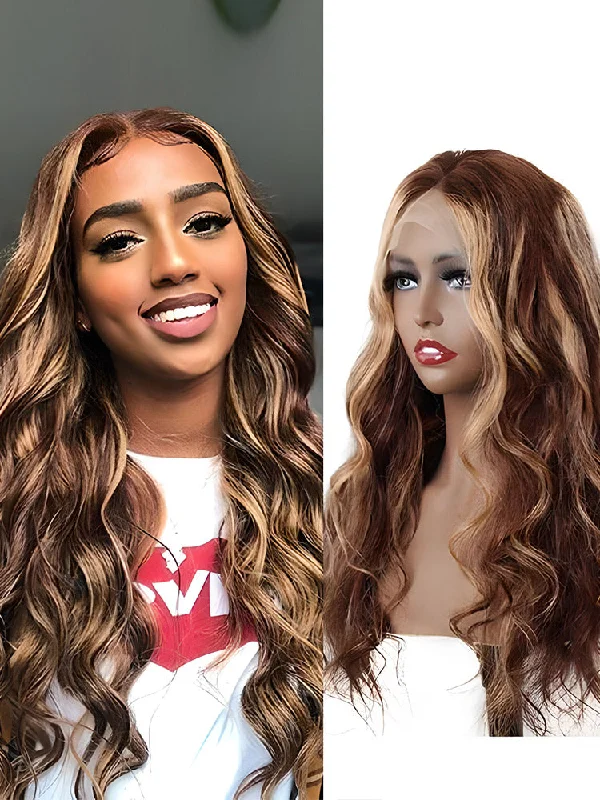 Colored wig in a vibrant pink color for a bold and eye - catching lookCurlyMe Highlights Ombre Human Hair Wigs Body Wave Transparent Lace Wigs Pre Plucked