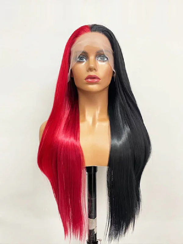 Colored wig with a side - part for a more flattering appearanceCurlyMe Highlight Split Dyed Hair Half Red Half Black Color Straight Lace Front Wigs