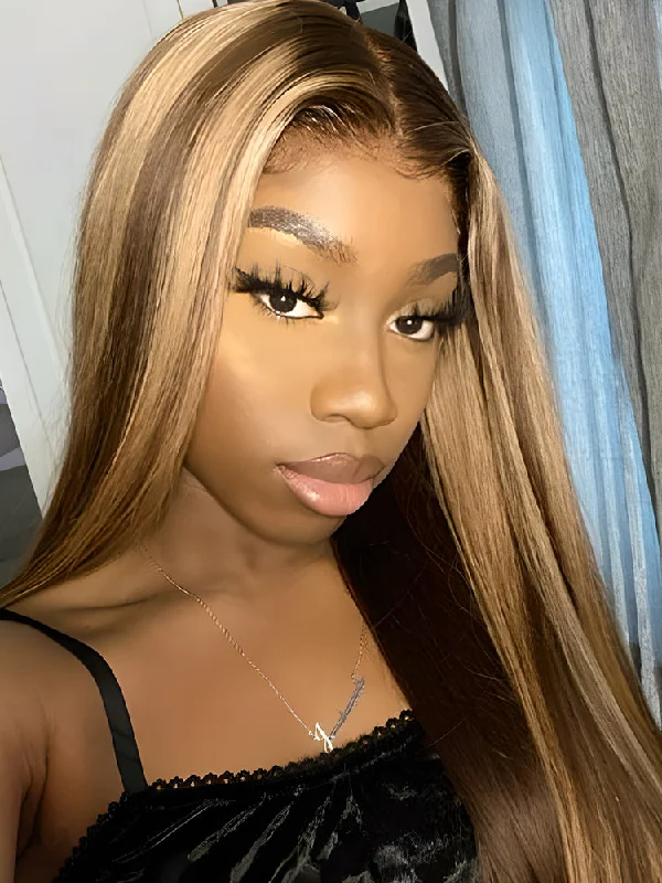 Colored wig with a side - swept bang for a sophisticated lookCurlyMe Honey Blonde Highlights Ombre Hair Colored Straight Human Hair Wigs