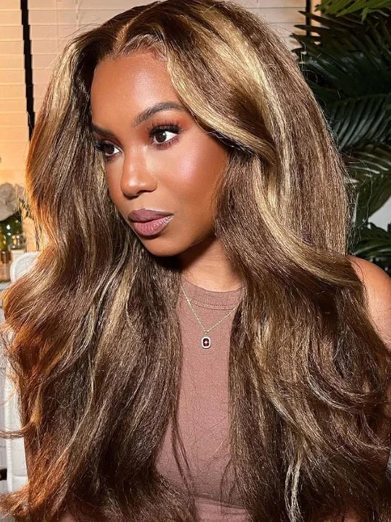 Colored wig with a middle - part for a classic and elegant styleCurlyMe 6x4 HD Lace Glueless Highlight Kinky Straight Wig Wear Go Pre Cut Lace Wig