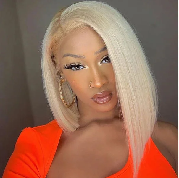 Colored wig with a pre - bleached knot for a natural - looking scalpJunoda 613 Blonde Straight Bob 4x4 Human Hair Lace Closure Wig 150% Density High Quality For Summer