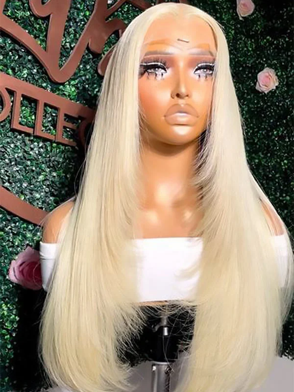 Colored wig with a pre - plucked hairline for a more natural lookJunoda 613 Honey Blonde Straight Layer Cut Wig 13x4 Lace Frontal Colored Human Hair Wigs