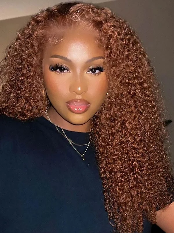 Colored wig with a side - part for a more flattering appearanceJunoda Auburn Copper Red Color HD Lace Wig Reddish Brown Curly Human Hair Wigs