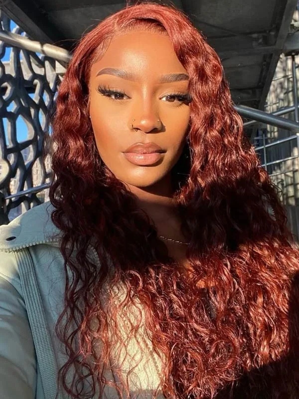 Synthetic colored wig with a heat - resistant formula for easy stylingJunoda Auburn Water Wave HD Lace Front Wig Reddish Brown Colored Human Hair Wigs