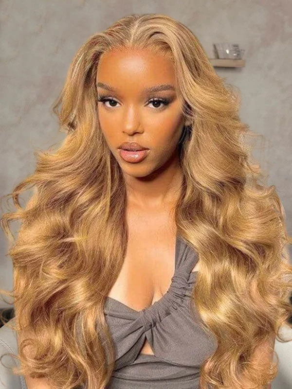 Colored wig with a side - swept bang for a sophisticated lookJunoda Color 27 Caramel Blonde Body Wave HD Lace Front Wig Invisible Lace Human Hair Wigs