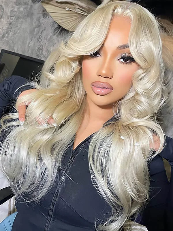 Colored wig with a natural - looking root for a more realistic lookJunoda Curtain Bangs Wig 613 Blonde Human Hair Wig with Bangs 13x4 Lace Front Wig