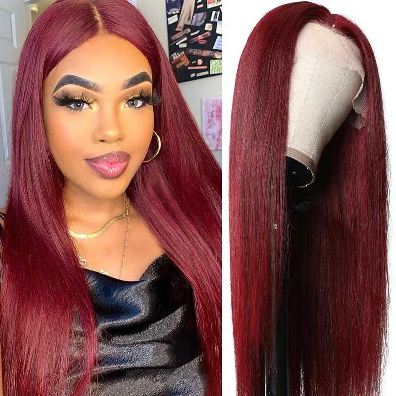 Adjustable - cap colored wig for a comfortable fitJunoda Hair 99J 4x4 Lace Front Wig Brazilian Human Hair Wig Fast Shipping