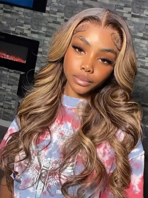 Human - hair colored wig for a natural and luxurious feelJunoda Highlight Body Wave Wig P4/27 Brown Blonde HD Lace Wig Mix Color Human Hair Wigs