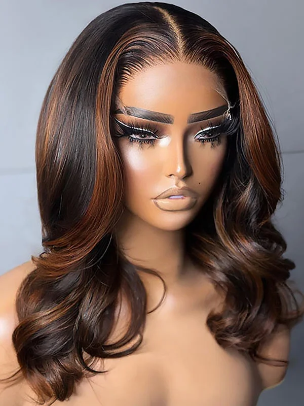 Colored wig with a 150 - density for a full and thick appearanceJunoda Highlight Brown Body Wave Bob Wig Blunt Cut P1B/30 Colored Short Human Hair Bob Wigs