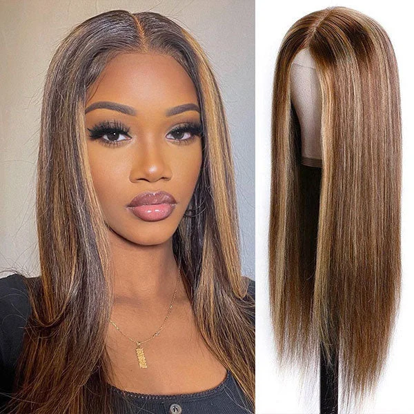 Colored wig with a wispy fringe for a soft and feminine lookJunoda Highlight Straight 4x4 Lace Front Human Hair Wig Fast Shipping