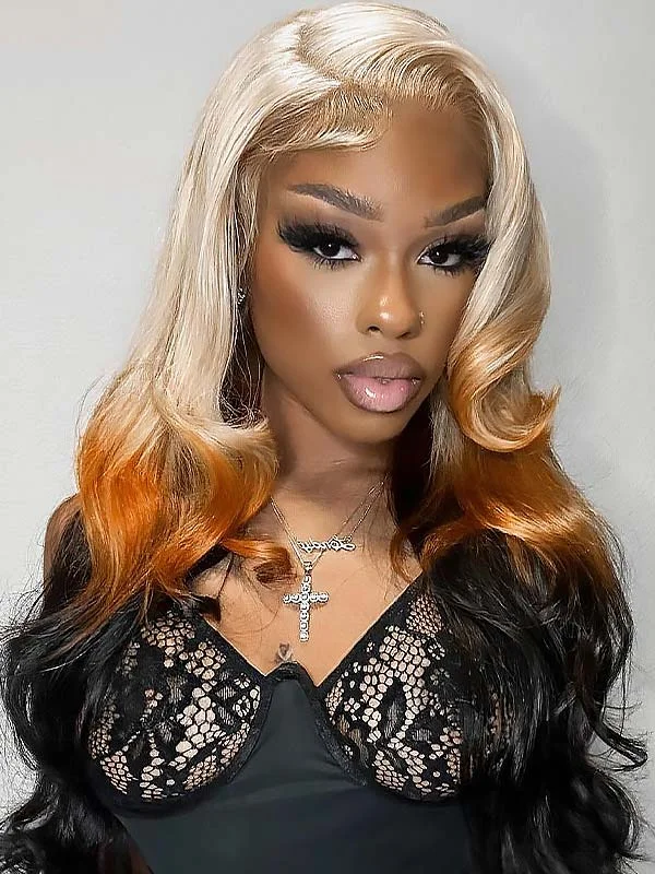 Colored wig with a side - part for a more flattering appearanceJunoda Ombre 613 Blonde Ginger Orange 3 Shades Body Wave 13x4 Lace Front Human Hair Wigs