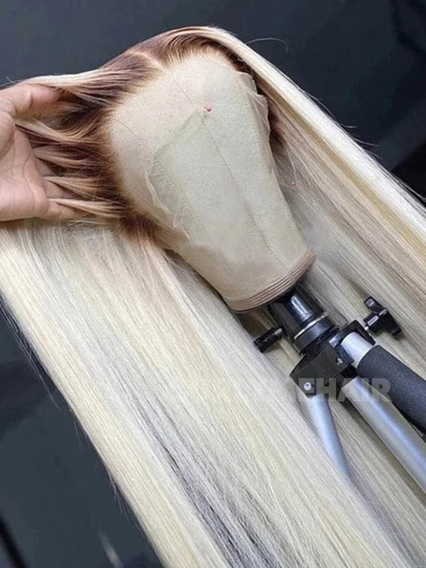 Colored wig with a side - swept bang for a sophisticated lookJunoda Ombre Human Hair Wigs Brown 613 Honey Blone Color Straight Lace Frontal Wig