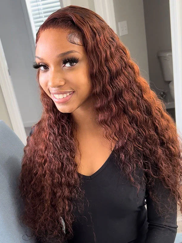 Colored wig with a wavy texture for a beachy and fun lookJunoda Reddish Brown HD Lace Wig Deep Wave Colored Invisible Lace Front Human Hair Wigs