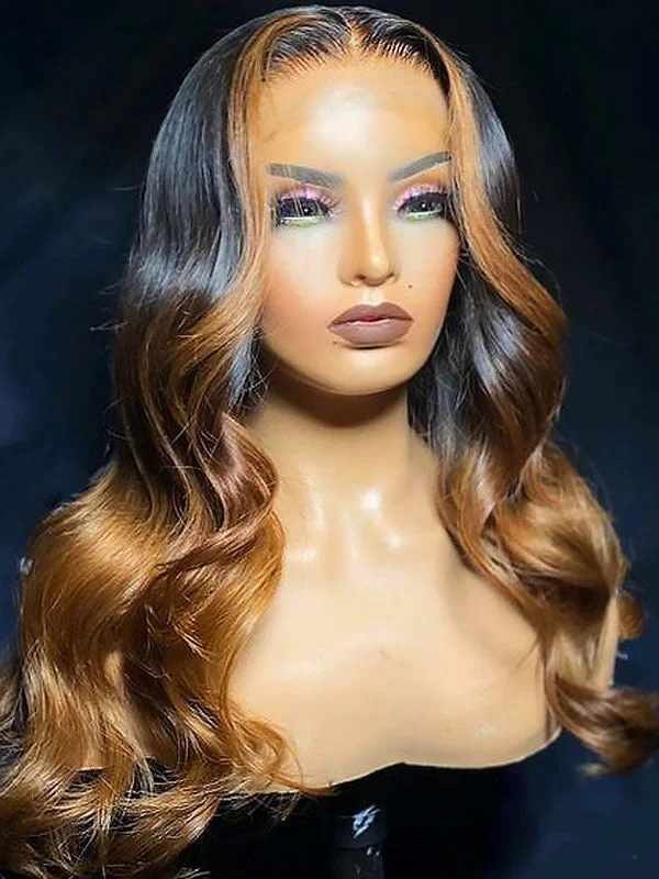 Colored wig with a silver - grey color for a trendy and cool - toned lookJunoda Skunk Stripe Color 27 Body Wave Wig Black Roots with Caramel Blonde Human Hair Wig