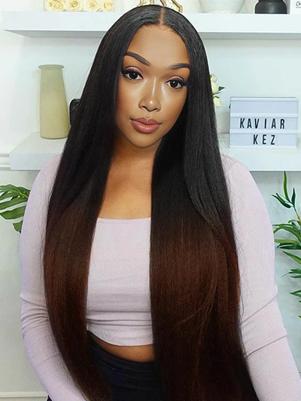 Colored wig with a silk - base cap for a comfortable and smooth feelJunoda T1B/30 Kinky Straight Lace Front Wig Ginger Brown Ombre Human Hair Wigs for Sale