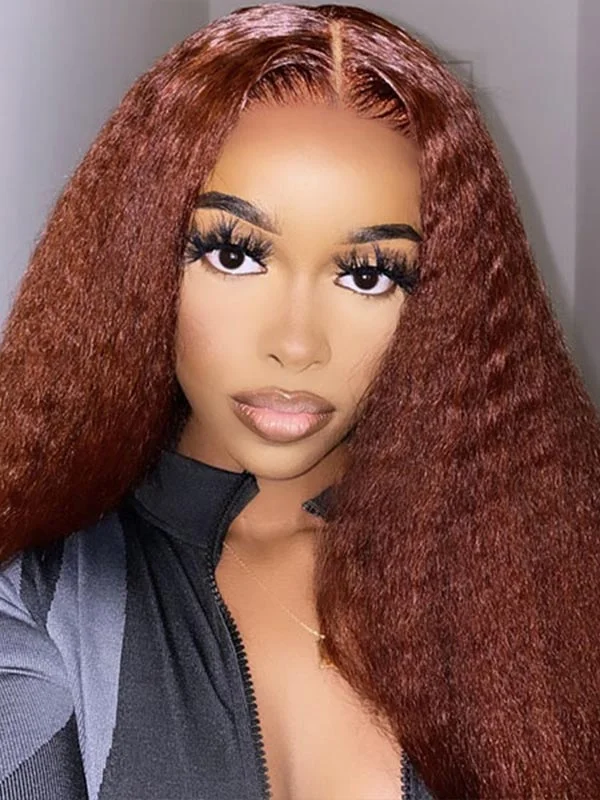 Colored wig with a wavy texture for a beachy and fun lookJunoda Reddish Brown Kinky Straight 4x4 Lace Front Wig Auburn Copper Color Yaki Coarse Human Hair Wigs cs1