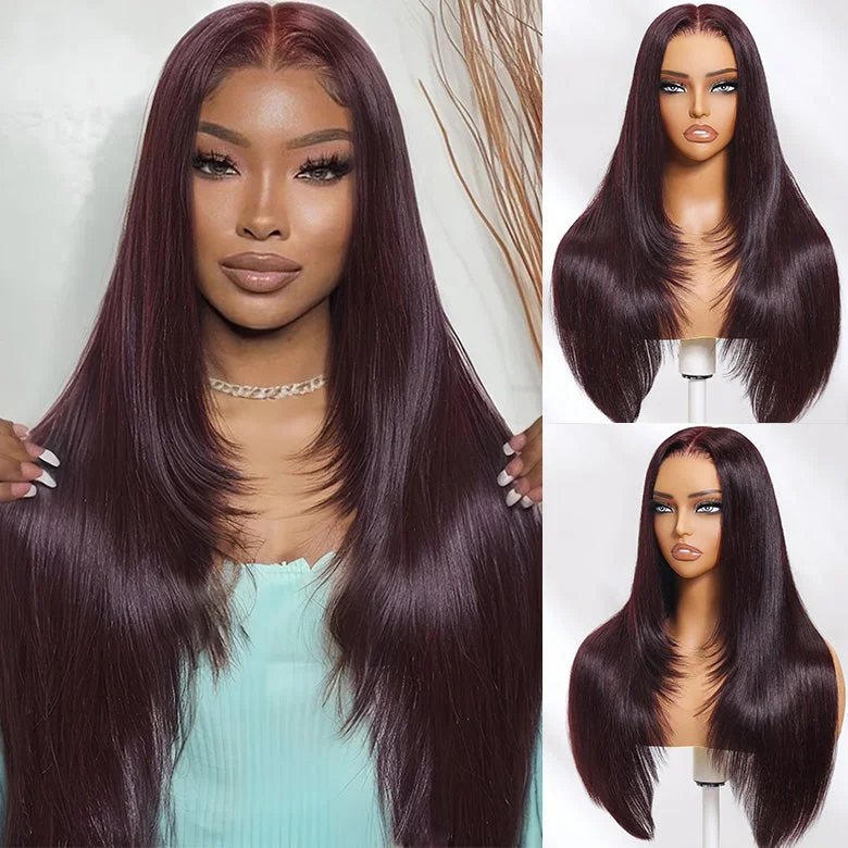 Colored wig with a side - swept bang for a sophisticated lookKlaiyi Black Cherry Layered Cut Straight 13x4 Pre-Everything Lace Frontal Wig Put on and Go Wig