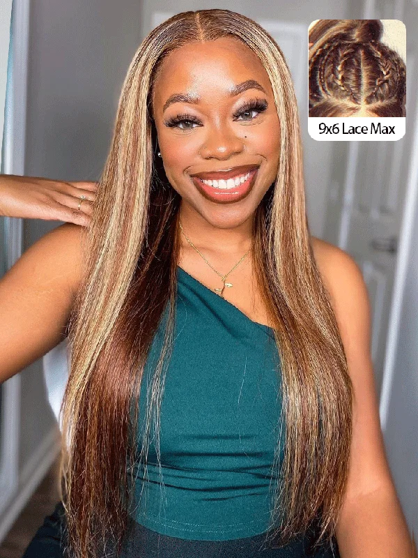 Colored wig with a side - part for a more flattering appearanceCurlyMe Pre-cut 9x6 Lace M-cap Wear Go Glueless Mini Knots Straight Hair Highlight Wig Pre-plucked