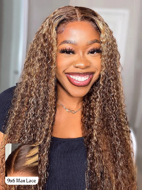 Colored wig with a wavy texture for a beachy and fun lookCurlyMe Pre-cut 9x6 Lace M-cap Wear Go Glueless Mini Knots Water Wave Highlight Wig Pre-plucked