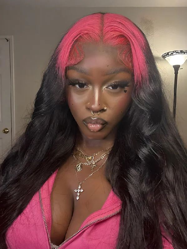 Colored wig with a wispy fringe for a soft and feminine lookCurlyMe Pink Roots Body Wave Natural Color 13x4 Lace Front Wigs Ombre Hair