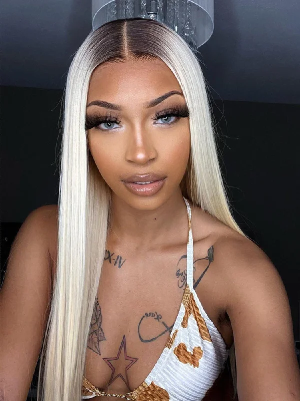 Colored wig with a straight texture for a sleek and minimalist lookCurlyMe Ombre Blonde Hair With Brown Root Straight Hair 13x4 Lace Front Wigs Human Hair