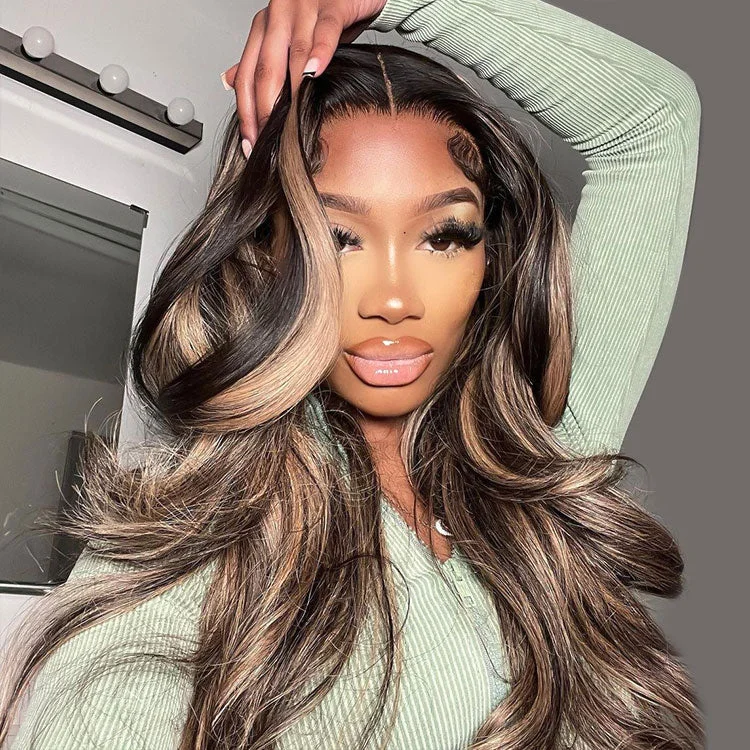 Colored wig with a silk - base cap for a comfortable and smooth feelPiano Colored Body Wave Wig Highlights Black Wig With Honey Blonde Lace Wigs